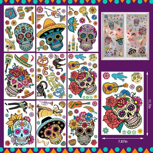 9 Sheets Halloween Window Clings, Sugar Skull Flower Double-Sided Window Stickers Reusable Static Day of The Dead Guitar Grave Window Decals for Mexican Dia De Los Muertos Decorations Party Supplies in Saudi Arabia