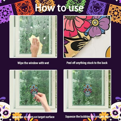 9 Sheets Halloween Window Clings, Sugar Skull Flower Double-Sided Window Stickers Reusable Static Day of The Dead Guitar Grave Window Decals for Mexican Dia De Los Muertos Decorations Party Supplies in Saudi Arabia