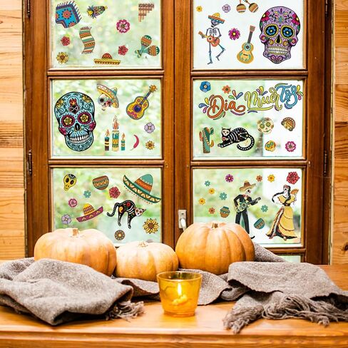 9 Sheets Halloween Window Clings, Sugar Skull Flower Double-Sided Window Stickers Reusable Static Day of The Dead Guitar Grave Window Decals for Mexican Dia De Los Muertos Decorations Party Supplies in Saudi Arabia