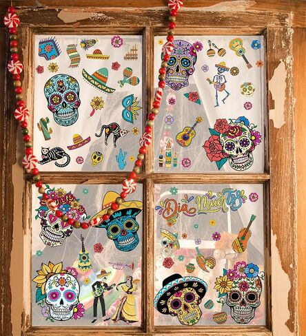 9 Sheets Halloween Window Clings, Sugar Skull Flower Double-Sided Window Stickers Reusable Static Day of The Dead Guitar Grave Window Decals for Mexican Dia De Los Muertos Decorations Party Supplies in Saudi Arabia