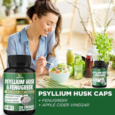 BMVINVOL Psyllium Husk Fiber Supplement t with Fenugreek, Apple Cider Vinegar, Turmeric, Ginger, Black Pepper- Digestion Health Support - 60 Capsules in Kuwait