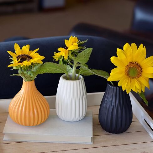 Iconic Stoneware Vases, Set of 3, Fluted, Ceramic, Color Soaked Grey, Black, And White, Glazed Finish, 3.25 D x 5.5 H inches, 0.5 lbs (8 D x 14.0 H cm, 266 grams) Modern Home Decor in Saudi Arabia