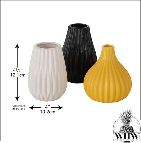 Iconic Stoneware Vases, Set of 3, Fluted, Ceramic, Color Soaked Grey, Black, And White, Glazed Finish, 3.25 D x 5.5 H inches, 0.5 lbs (8 D x 14.0 H cm, 266 grams) Modern Home Decor in Saudi Arabia