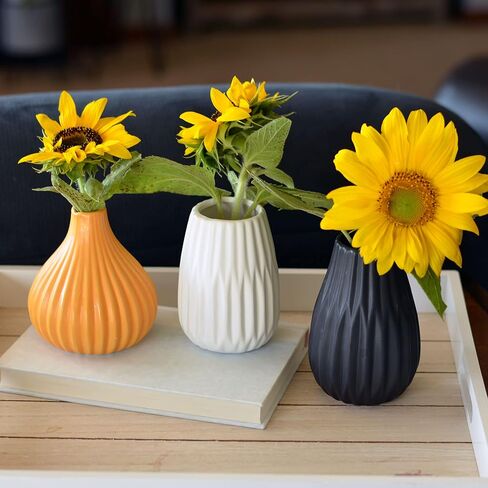 Iconic Stoneware Vases, Set of 3, Fluted, Ceramic, Color Soaked Grey, Black, And White, Glazed Finish, 3.25 D x 5.5 H inches, 0.5 lbs (8 D x 14.0 H cm, 266 grams) Modern Home Decor in Saudi Arabia