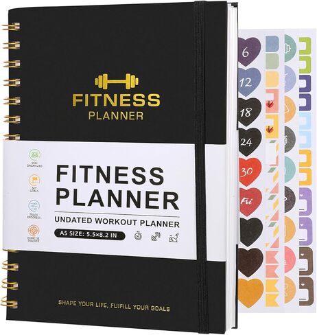 مجلة تمارين اللياقة البدنية للرجال والنساء، دفتر سجل تمارين اللياقة البدنية مقاس 8.2 × 5.5 بوصة مع تتبع تقدم التمرينات الرياضية والمنزلية - أسود in Kuwait