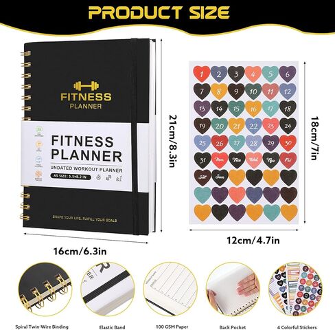 مجلة تمارين اللياقة البدنية للرجال والنساء، دفتر سجل تمارين اللياقة البدنية مقاس 8.2 × 5.5 بوصة مع تتبع تقدم التمرينات الرياضية والمنزلية - أسود in Kuwait
