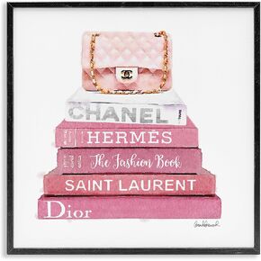 Stupell Industries Pink Book Stack Fashion Handbag Wall Art, 17 x 17, White Framed
