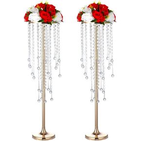 Bigsee 2 Pcs 21.65 inches Crystal Flower Stand Wedding Centerpieces for Tables, Tabletop Gold Metal Flower Arrangement Holder, Elegant Bulk Metal Vases for Reception Party Ceremony Decoration