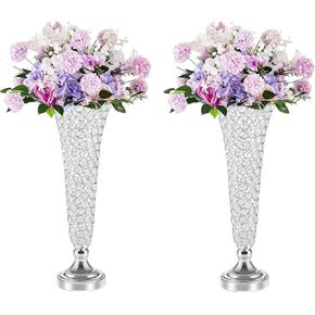 LANLONG Silver Crystal Trumpet Floral Vase for Centerpieces, 20 Inch, Elegant Wedding Flower Stand