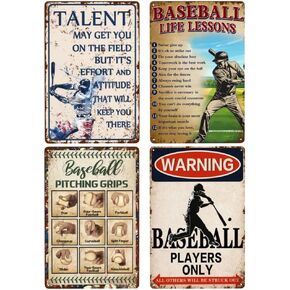 Baseball Posters, Bundle 4 Pieces Retro Baseball Signs Decorative Outdoor Baseball Players Only Signs Baseball Wall Art Sign 12x8 Inch Baseball Wall Decor for Boys Room Motivational Quote Gifts