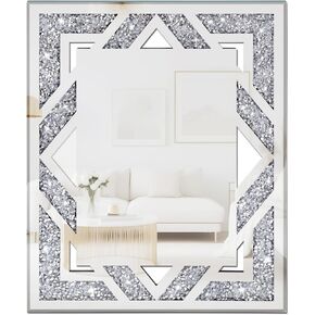 2 Piece Rectangular Hollow Crushed Diamond Decorative Mirror, Silver Crushed Diamond Mirror Decor Wall for Living Room Bedroom Bathroom (11"x15")