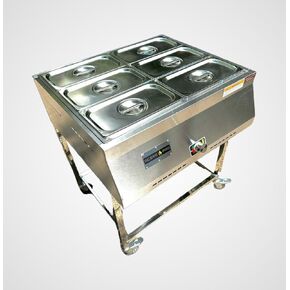 Food Warmer Steam Table 6 Container Cart - Bain Marie - CSA Approved - 6 Standard 1/3 Pans (12" x 6" x 4") - 30 Quarts - Stainless Steel - Fueled By Propane Gas - Commercial & Home Use