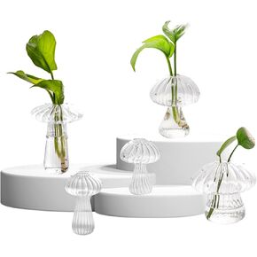 Glass Mushroom Vase for Flowers: Set of 5 Colored Plant Propagation Station, Small Bud Glass Vase for Decor, Mini Terrarium for Plants, Cute Hydroponic Indoor Planters Gifts for Women Room Decor