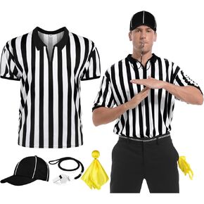 4 Pcs Referee Costume, Ref Shirt Referee Costume Men Zipper Collar Umpire Jersey Shirt Black and White Striped Shirt for Umpire Referee Whistle Hat Penalty Flag Gear for Football Soccer Halloween