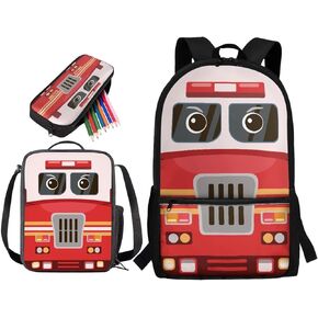 Police Car Print Kids Backpack Set of 3, 17 Inch Backpack and Lunch Box Set for Boys Girls, Lightweight Preschool Primary Middle Backpack and Pencil Case Set with Padded Strap