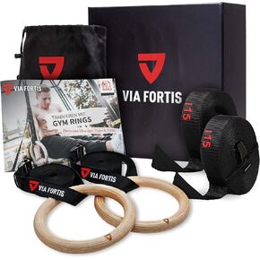 Premium Wooden Gym Rings with Straps, Bag & Workout Guide - Gym Rings for Calisthenics & Crossfit in Competition Design - Extra Wide Straps with Markings