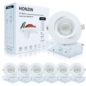 HONZIN 1 Pack 4 Inch 5CCT Gimbal Led Recessed Lighting 2 Hour FIRE Rated, 360°& 90° Adjutable Eyeball Directional Downlight, Dimmable 2700K/3000K/3500K/4000K/5000K, CRI90+, 9W -ETL &FCC