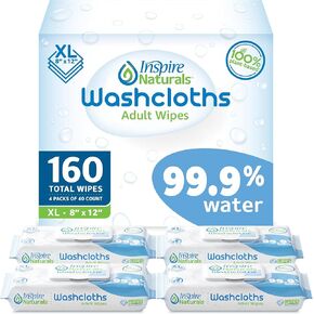 Inspire Naturals 99.9% Water Based Wet Wipes For Adults | Plastic Free Adult Wipes Extra Large Unscented | Disposable Washcloths For Adults Incontinence Body Wipes Elderly (99.9% Water 160 Ct)