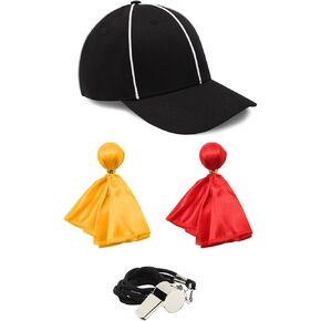 4Pcs Referee Hat Adjustable Official White Stripes Referee Cap,Stainless Steel Whistle and Yellow & Red Penalty Flag Ref Gear Accessories Great for Football Rugby Umpire Judges & Linesman Uniforms