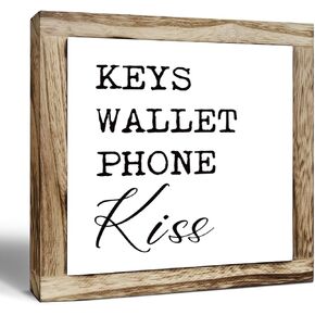 Rustic Wood Sign, Keys Wallet Phone Kiss Sign, Wooden Plaques Sign Table Decor, Small Wooden Box Sign, Front Door Sign, Home Decor for Shelf, Entryway Decor, Farmhouse Freestanding Sign