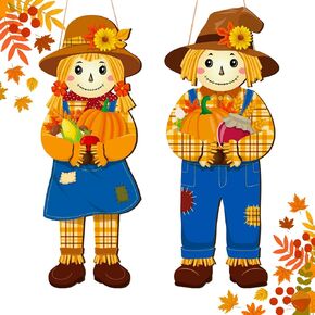 2Pcs Fall/Thanksgiving Scarecrow Sign Decorations for Front Door - Autumn Welcome Foldable Wreath Indoor/Outdoor Home Outside Decor for Porch,Wall,Window
