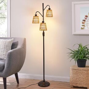 Arc Floor Lamp for Living Room with Remote Control,Boho Farmhouse Standing Lamp with Stepless Dimmable Bulb and Handmade Macrame Lamp Shade,Height Adjustable Black Lamp for Bedroom.