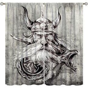 Viking Curtains,Vintage Tribe Mystic Totem Ancient Scandinavian Rune Print Window Treatments for Bedroom Living Room Kitchen Window Drapes 2 Panel Set,Total Size 42" x 45"