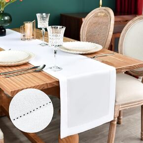 Farmhouse Hemstitch Border Table Runner Faux Linen Rustic Table Runners Solid Beige Rectangle Table Decoration for Dining Coffee Table Home Kitchen Party 13x36 Inch