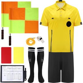 Soccer Referee Jersey, 7PCs Soccer Referee Kit, Referee Cards, Whistle, Socks, Flags, Soccer Referee Costume for Adult