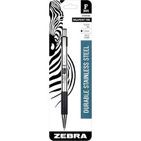 Zebra Pen F-301 Retractable Ballpoint Pen, Stainless Steel Barrel, Bold Point, 1.6mm, Black Ink, 12-Pack