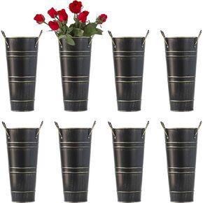 Galvanized Flower Bucket 8 Pcs Rustic Floral Metal Vases with Handles for Home Wedding Table Centerpiece Decor (White, 9 Inch) (Black)