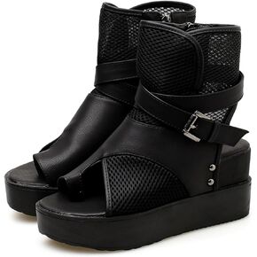 Women's Leather Platform Wedge High-Top Roman Sandals Comfortable Breathable Mesh Open Toe Clip Toe Side Zipper Metal Buckle Gladiator Boot Sandals