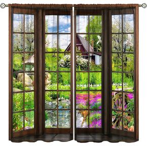 Nature View Curtains, Window Outside Beautiful Forest River Pattern Print, Bedroom Living Room Blackout Insulated Curtains 2 Panel Set, 42x45 Inch, Style-3