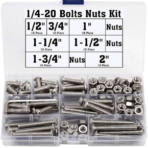 Stainless Steel 1/4-20 Bolts and Nuts Set Assortment Kit 18-8 Fully Threaded Button Head Hex Socket Cap Screws 1/4-20 x 1/2" 3/4" 1" 1-1/4" 1-1/2" 1-3/4" 2" + 1/4-20 Hex Nuts