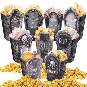 90 Pcs 9 Styles Halloween Popcorn Boxes Mini Tombstone Cardboard Popcorn Bags Trick or Treat Snack Boxes Spooky Treat Bags for Candy Popcorn Biscuits Halloween Trick or Treat Party Favors