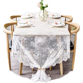 BOXAN 30" x 120" Vintage Wedding White Lace Table Runner, Rose Floral Lace Table Overlay Table Cover, Rustic Wedding Reception Table Decorations, Bridal Shower Baby Shower Party Decorations