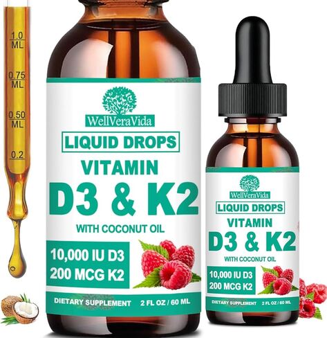 D3 K2 فيتامين 10000iu، قطرة سائلة فيتامين D3 مع K2 (MK-7) 200 ميكروجرام زيت جوز الهند، أقوى 6 مرات من D3 K2 سوفيجل، زنك المغنيسيوم للامتصاص - مكمل فيتامين K2 D3 للأسنان المشتركة وصحة العظام in Kuwait