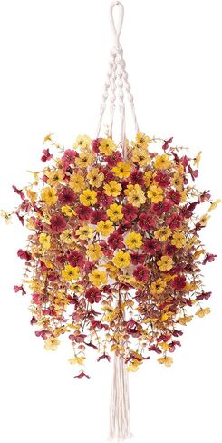 Autumn Artificial Fake Hanging Flowers Plants with Basket Fall Outdoor Decor,Faux Silk Colorful Daisy in Planter Boxwood No Fade Plastic Shrubs Decor Farmhouse Home Garden Thanksgiving(Yellow Brown) in Kuwait