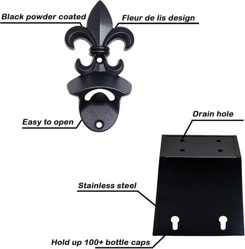 Fleur De Lis Beer Cap Opener Wall Mounted Soda Bottle Opener with Cap Catcher Drainage Antique Silver in Saudi Arabia