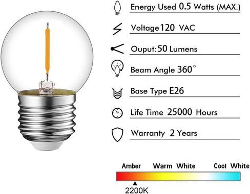G40 G12.5 مصابيح LED خيوط صغيرة غلوب 0.5 واط أي ما يعادل 5 واط متوهجة منخفضة واط لمبة LED E26 قاعدة 2200 كيلو اديسون لمبة الإضاءة الزخرفية - 2 جهاز كمبيوتر شخصى in Kuwait