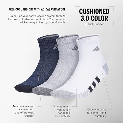 adidas Men's Cushioned Quarter Socks Above The Ankle Fit with Arch Compression (3-Pair) in Saudi Arabia
