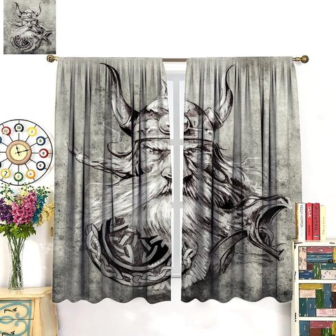 Viking Curtains,Vintage Tribe Mystic Totem Ancient Scandinavian Rune Print Window Treatments for Bedroom Living Room Kitchen Window Drapes 2 Panel Set,Total Size 42" x 45" in Saudi Arabia