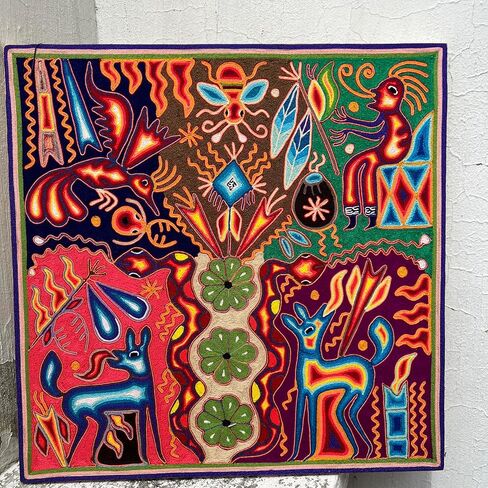 Mexico en la Piel Huichol Yarn Art Collection - Vibrant Wall Decor, 24x24 Inches - Colorful Wooden Painting Wall Art (Home) in Saudi Arabia