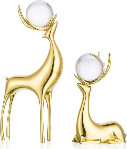 Sziqiqi Reindeer Figurine Statues Deluxe Set of 2, Christmas Deer Pure Copper Heavy Reindeer Ornaments for Home Decor Accents Living Room Office Bookself Tabletop Mantle Christmas Decoration, Gold in Saudi Arabia
