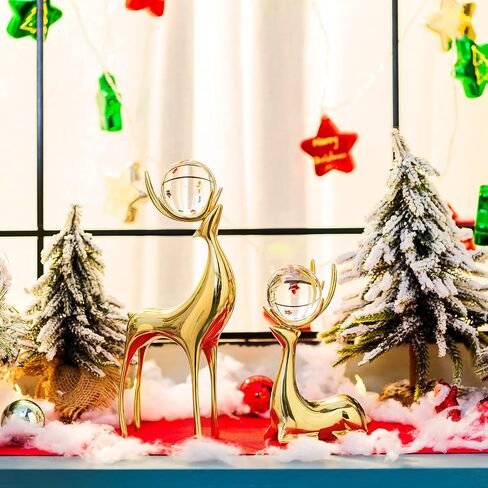 Sziqiqi Reindeer Figurine Statues Deluxe Set of 2, Christmas Deer Pure Copper Heavy Reindeer Ornaments for Home Decor Accents Living Room Office Bookself Tabletop Mantle Christmas Decoration, Gold in Saudi Arabia