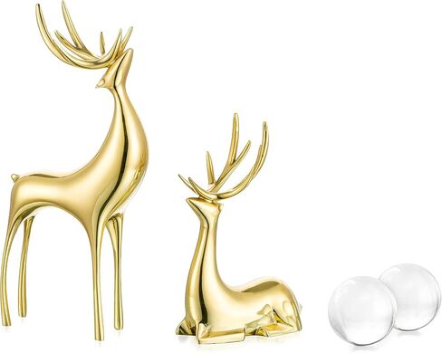 Sziqiqi Reindeer Figurine Statues Deluxe Set of 2, Christmas Deer Pure Copper Heavy Reindeer Ornaments for Home Decor Accents Living Room Office Bookself Tabletop Mantle Christmas Decoration, Gold in Saudi Arabia