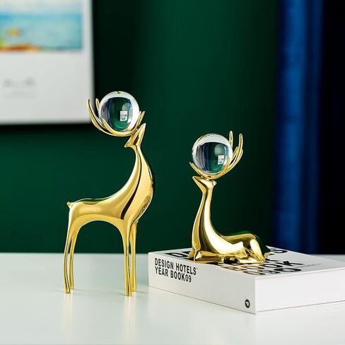 Sziqiqi Reindeer Figurine Statues Deluxe Set of 2, Christmas Deer Pure Copper Heavy Reindeer Ornaments for Home Decor Accents Living Room Office Bookself Tabletop Mantle Christmas Decoration, Gold in Saudi Arabia