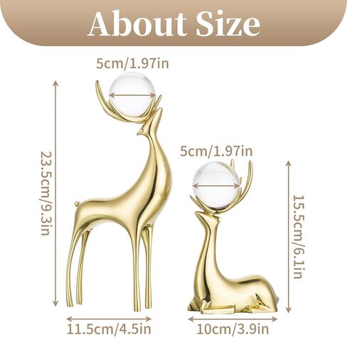 Sziqiqi Reindeer Figurine Statues Deluxe Set of 2, Christmas Deer Pure Copper Heavy Reindeer Ornaments for Home Decor Accents Living Room Office Bookself Tabletop Mantle Christmas Decoration, Gold in Saudi Arabia