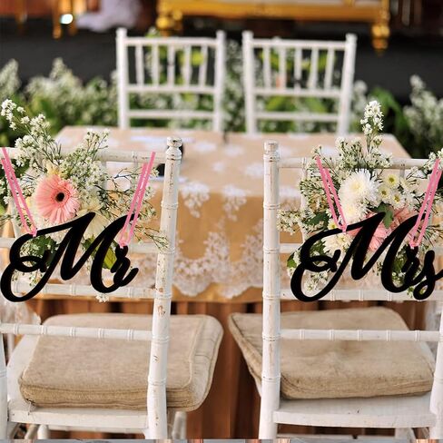 Wooden Chair Signs, 1 Pair Mr Mrs Chair Back Hanging Pendant with Ribbon Chair Decor Wooden Chair Plaque Sign for Wedding Anniversary Party Vintage Decorations White in Kuwait