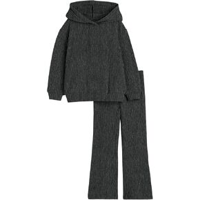 Haloumoning Girls 2 Pieces Outfits Ribbed Knit Hoodies Flare Pants Sweatshirts and Sweatpants Kids Tracksuits 4-14 Years